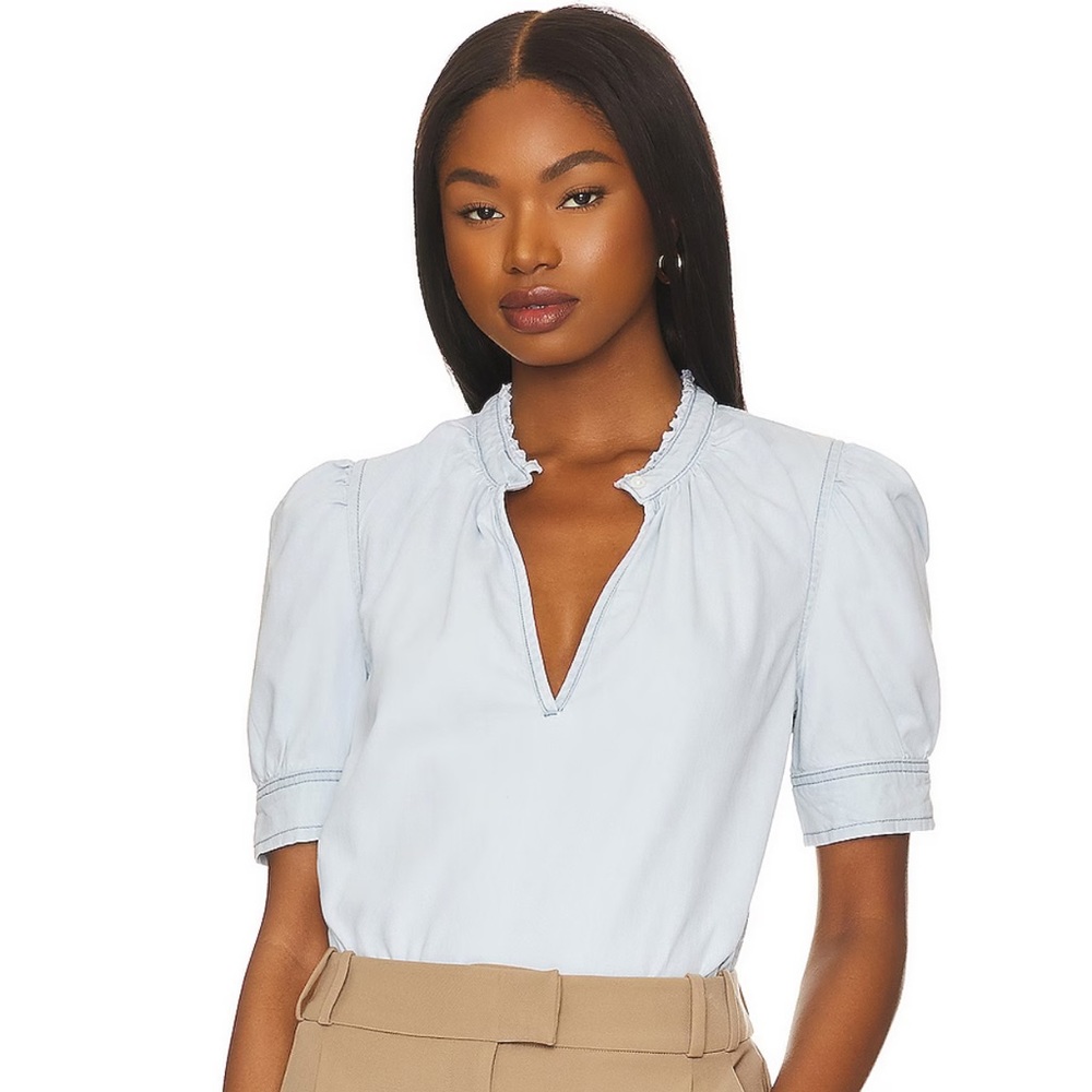 Frame deep v ruffle collar top